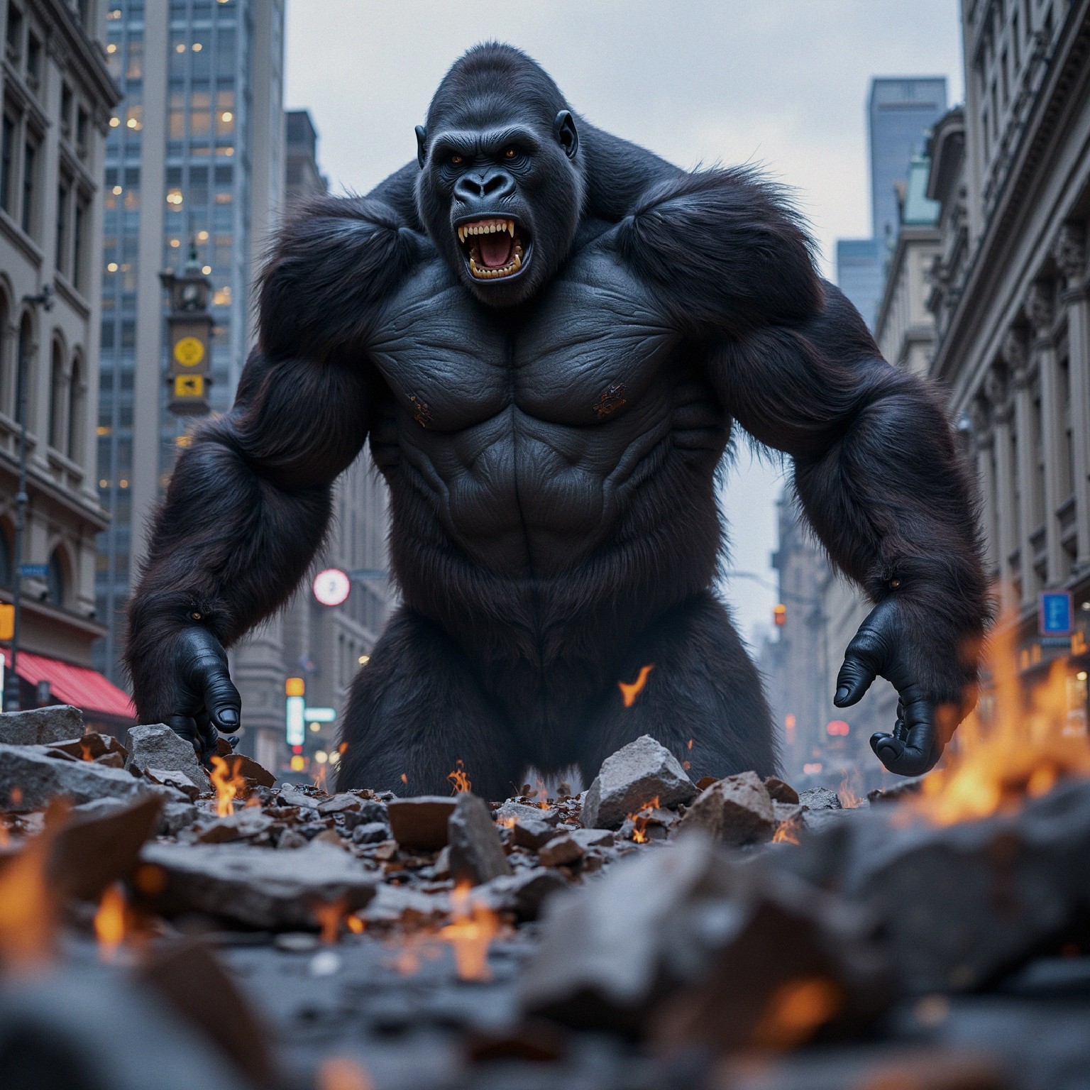 Muscular Gorilla Roaring in Urban Street Scene