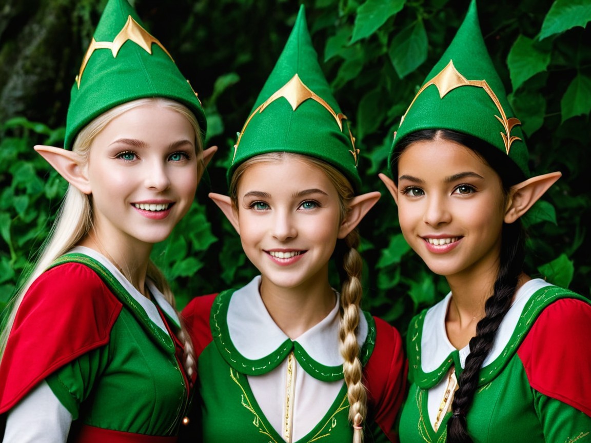 Cheerful Young Girls Dressed as Elves in Green Outfits