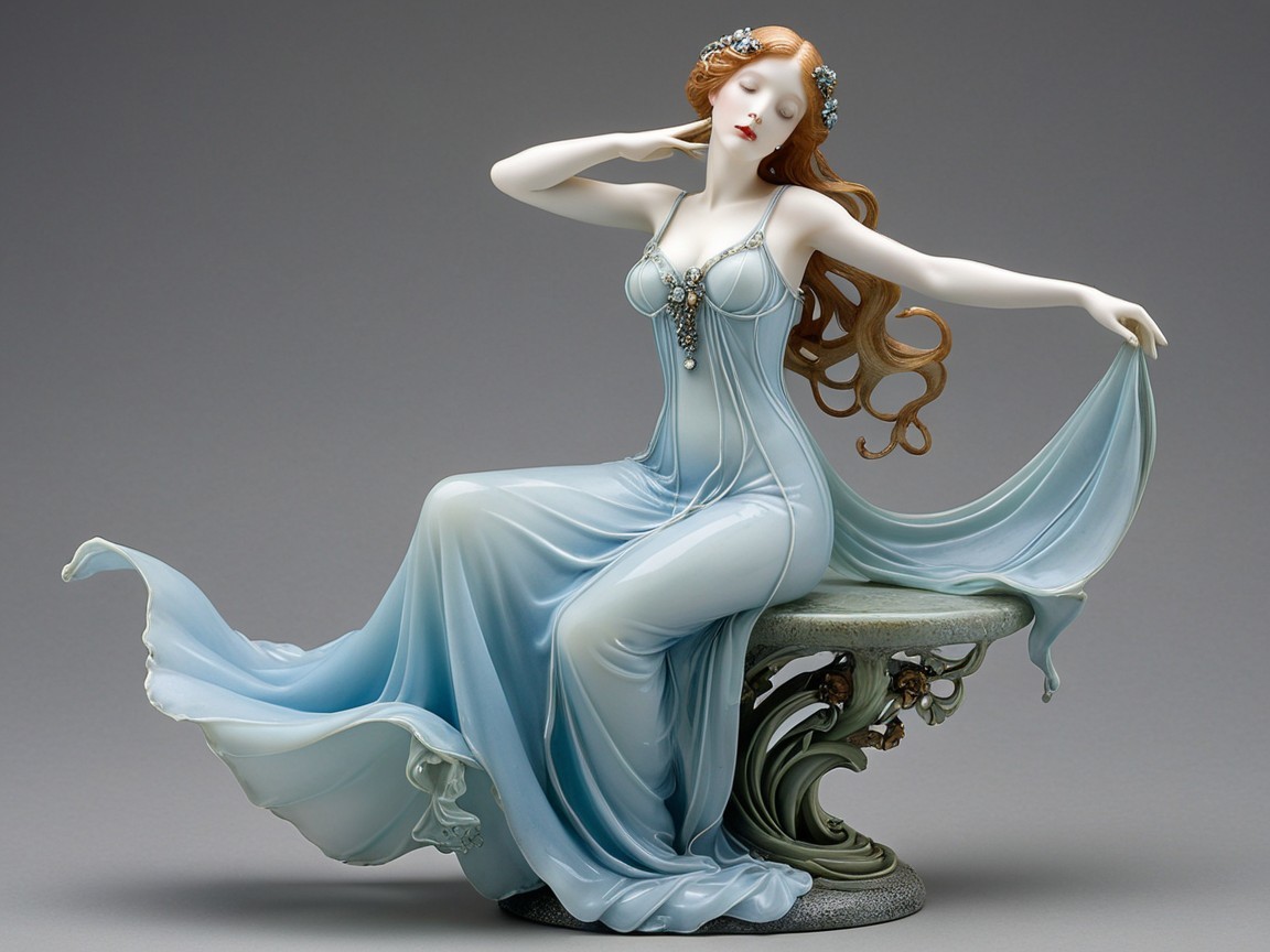 Elegant Figurine of Woman in Blue Gown and Hairpiece