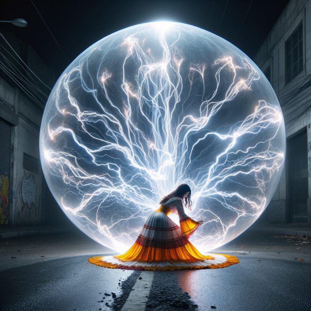 Woman in Flowing Dress Surrounded by Electric Orb