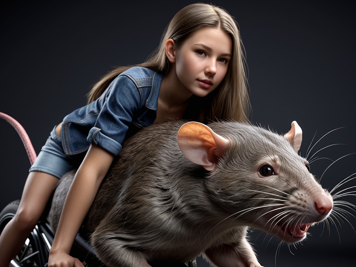 Young girl on a large rat in a whimsical scene