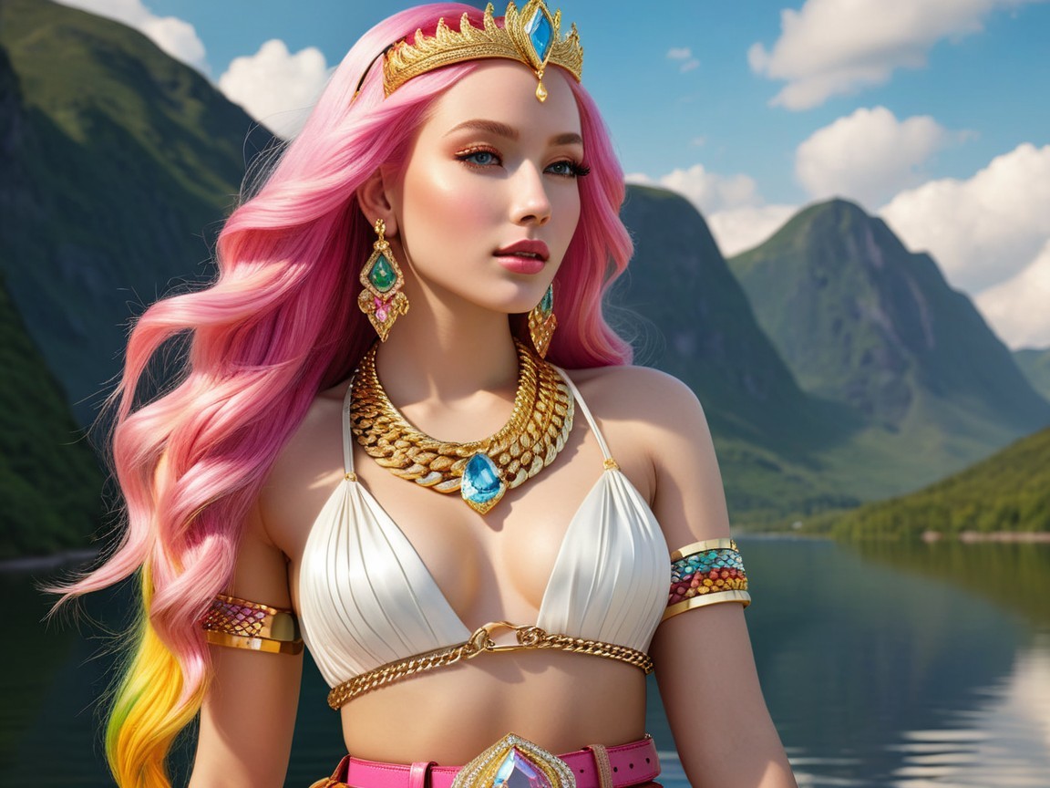 Elegant Figure by Serene Lake and Majestic Mountains