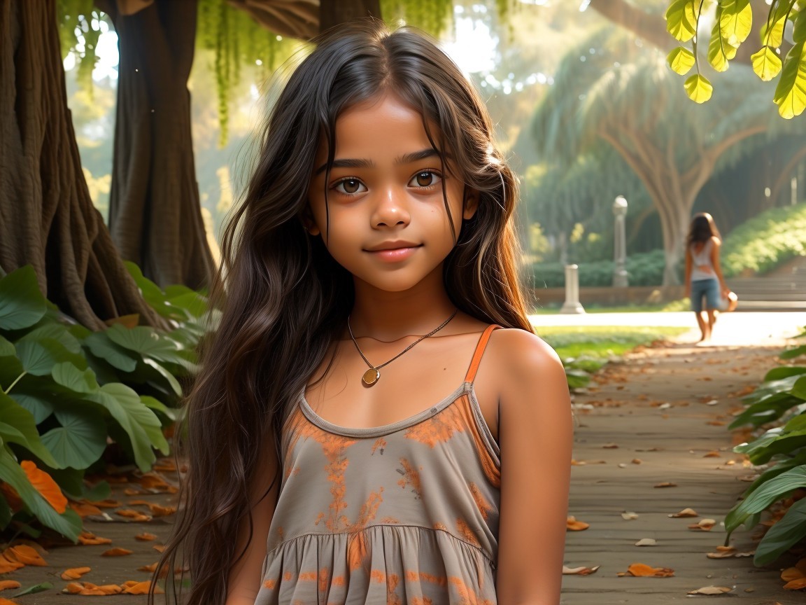 Young girl in a garden wearing light dress with patterns
