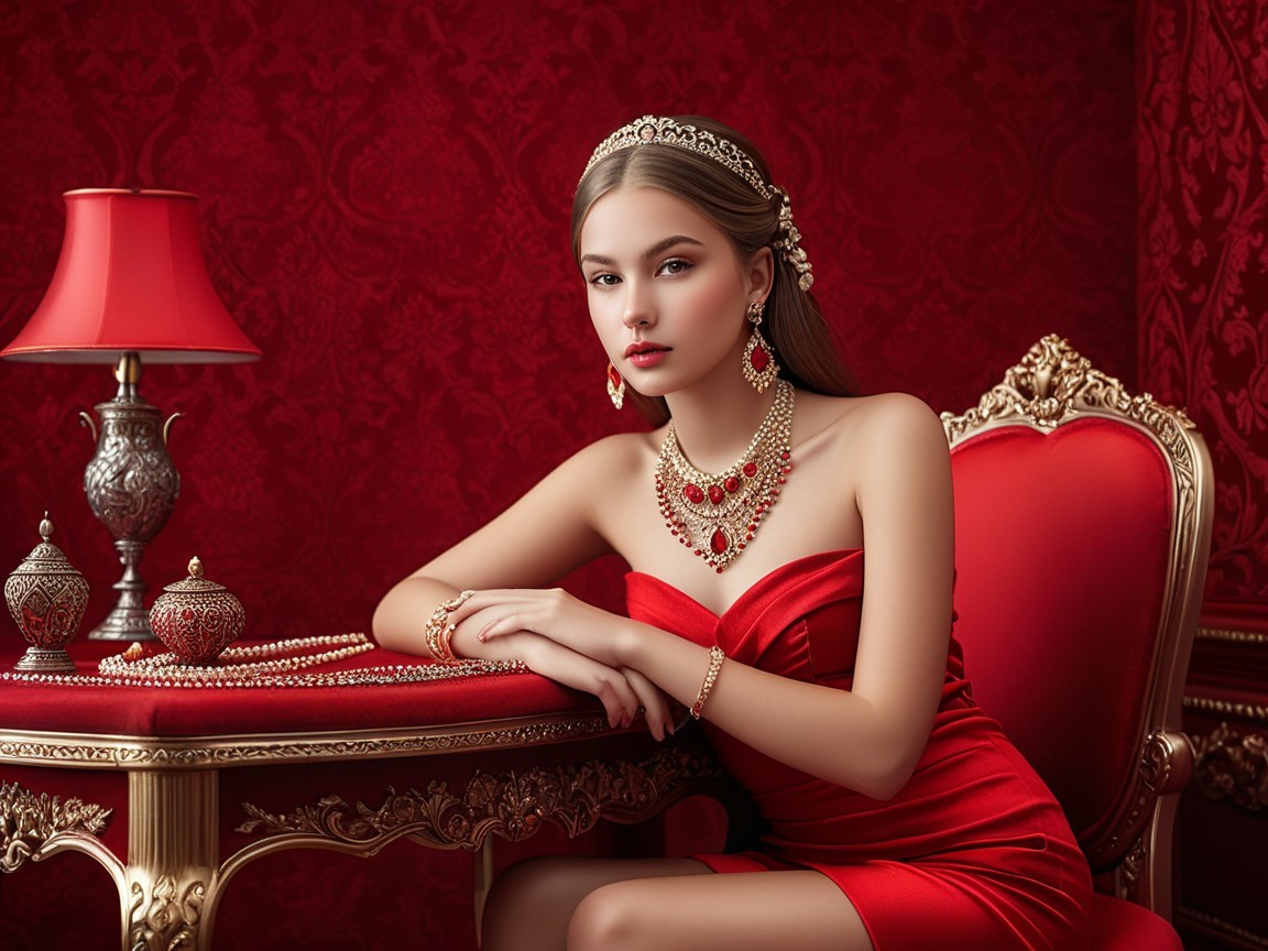 Elegant Woman in Red Dress at Luxurious Table Setting