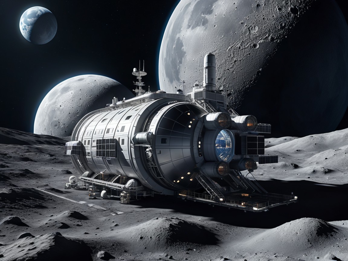 Futuristic spacecraft on lunar surface with celestial backdrop