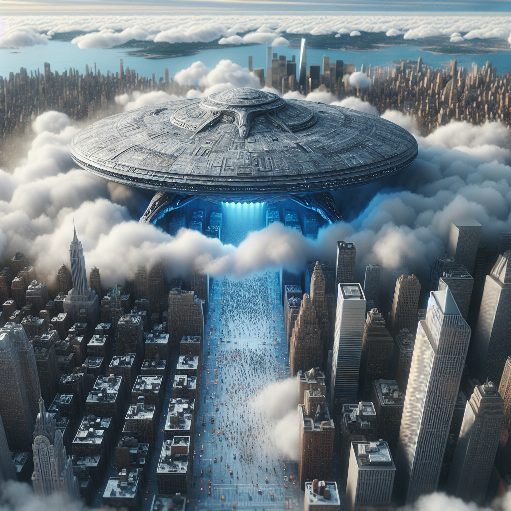 Futuristic UFO Over City with Bright Blue Light Beams
