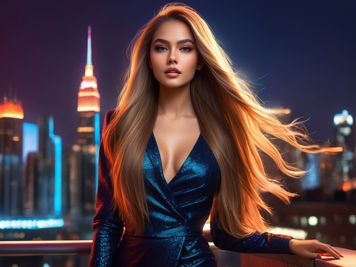 Elegant Woman in Blue Dress Against City Skyline