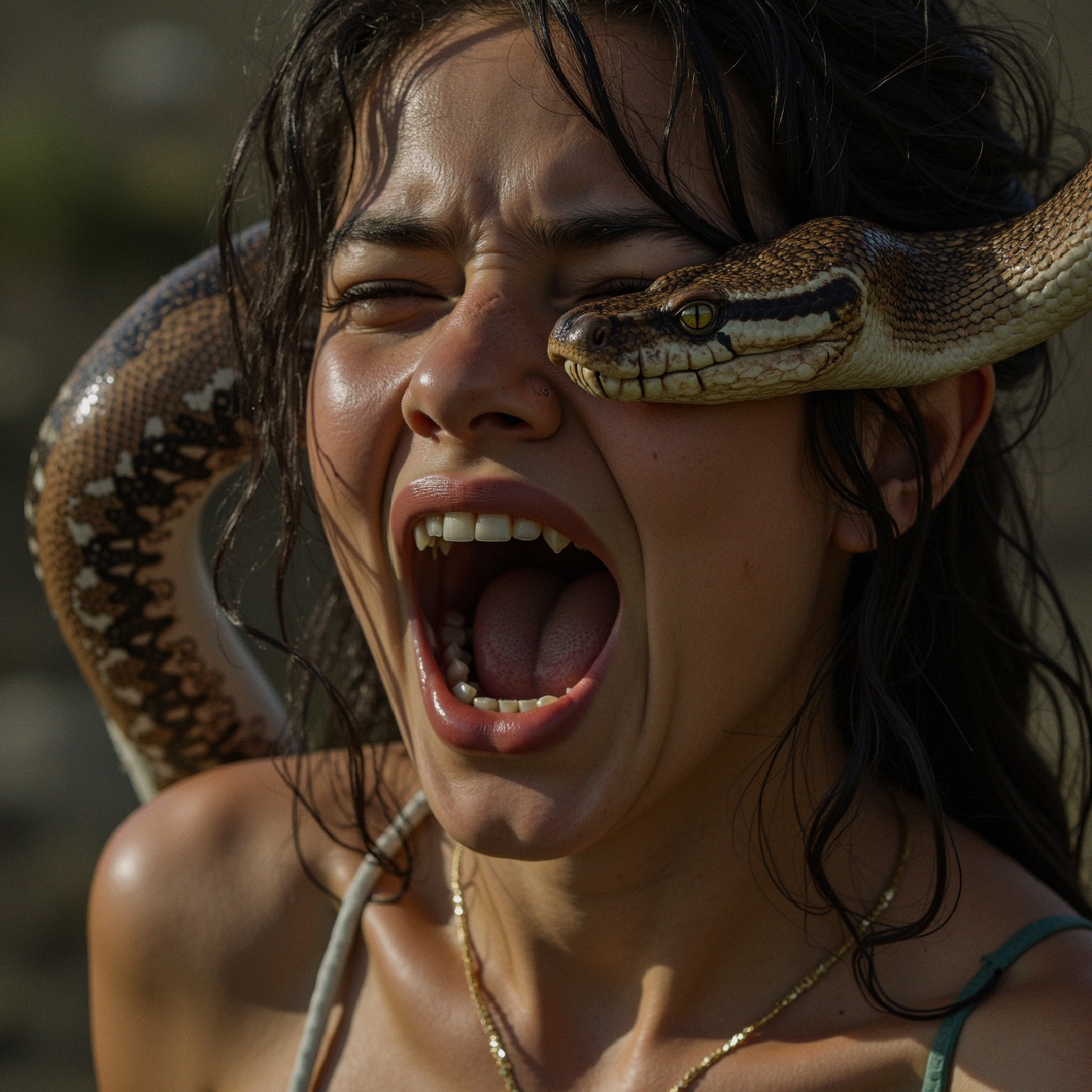 Woman with dark hair screaming, snake around her head