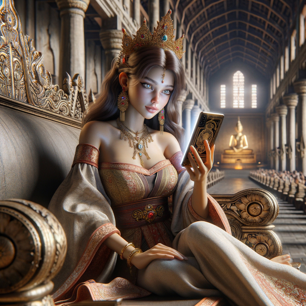 Regal Figure on Throne with Smartphone in Palace