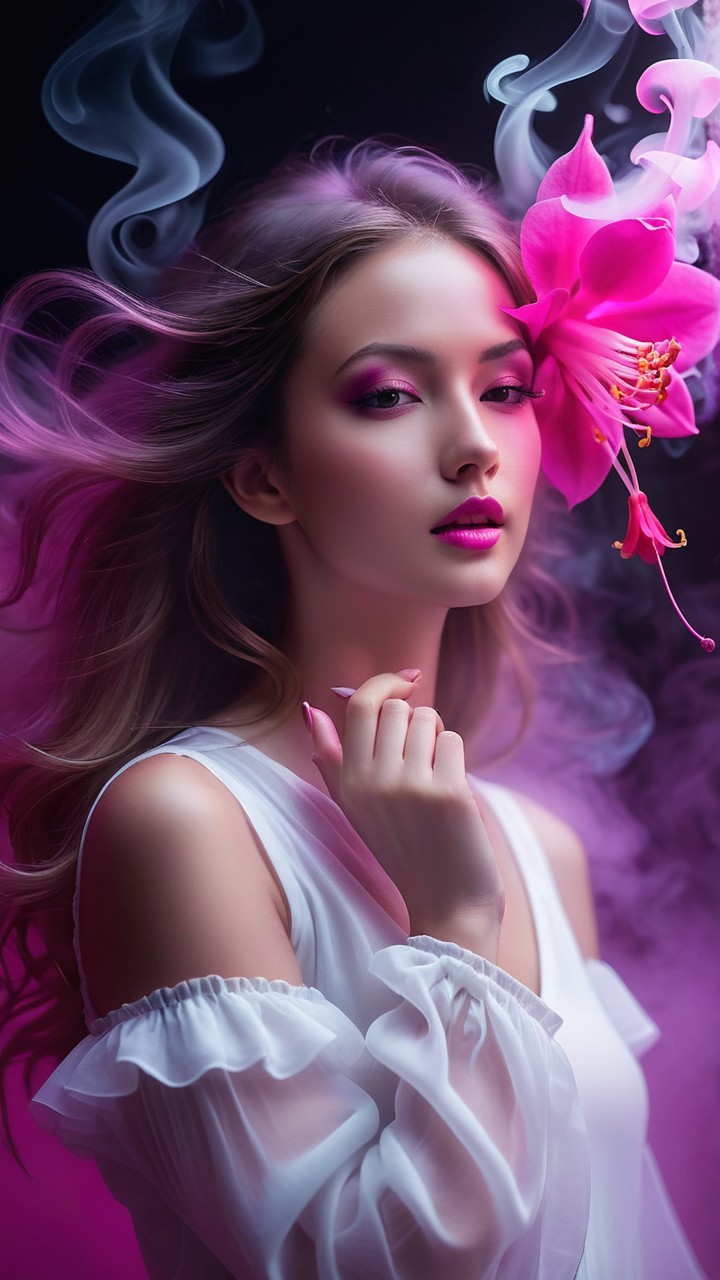 Portrait of a woman with flowing hair and pink flower