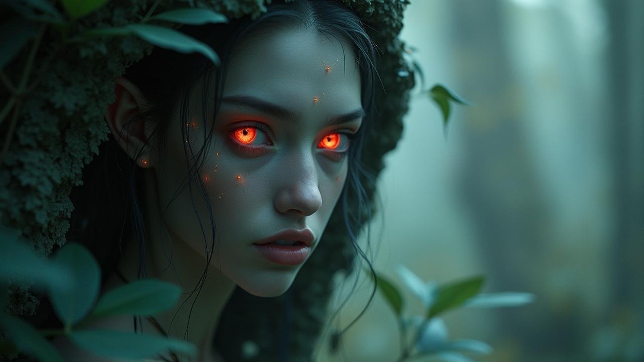 Young woman with red eyes in a mystical forest setting