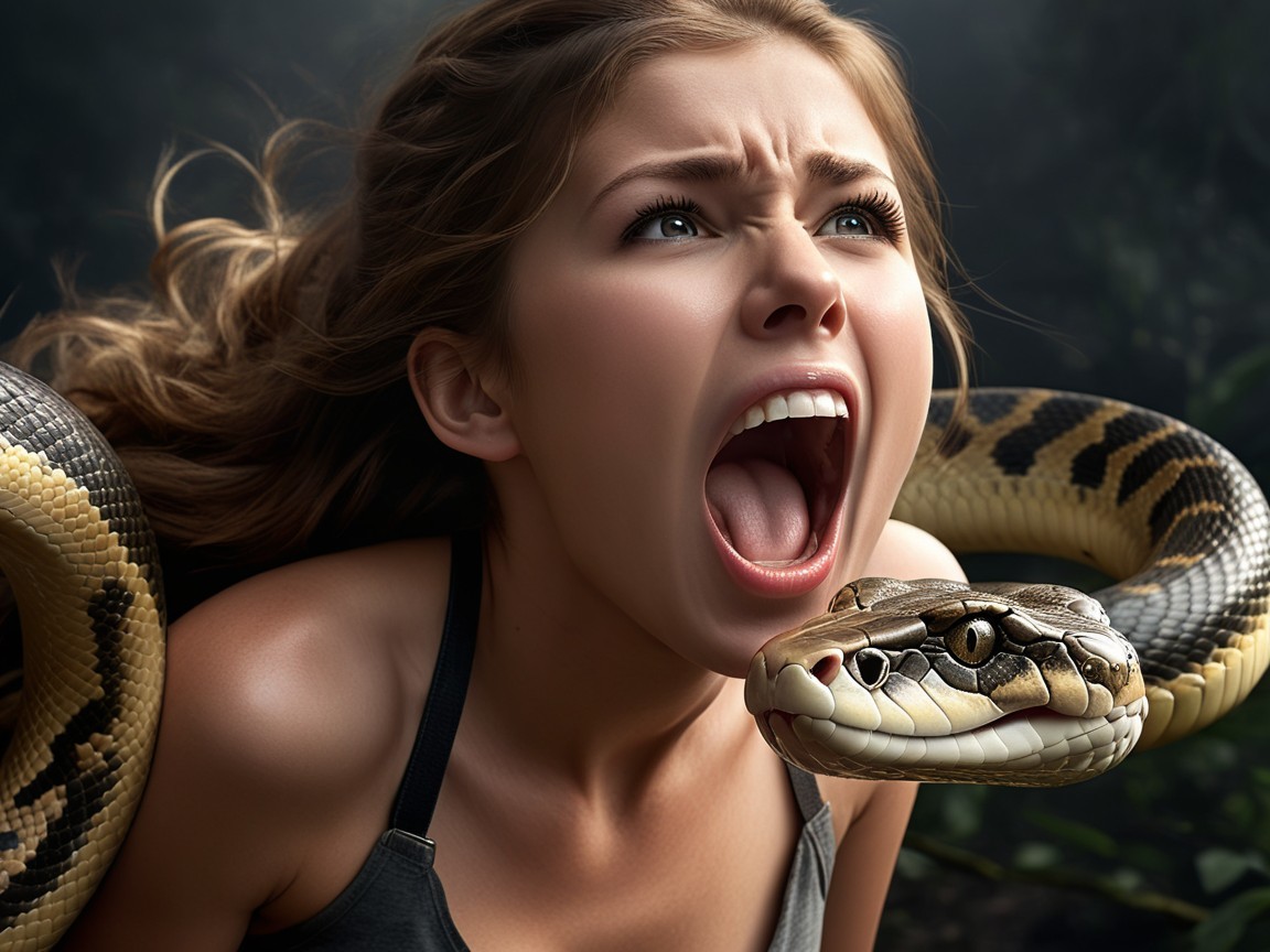 Woman Screaming in Terror with Python in Dark Setting
