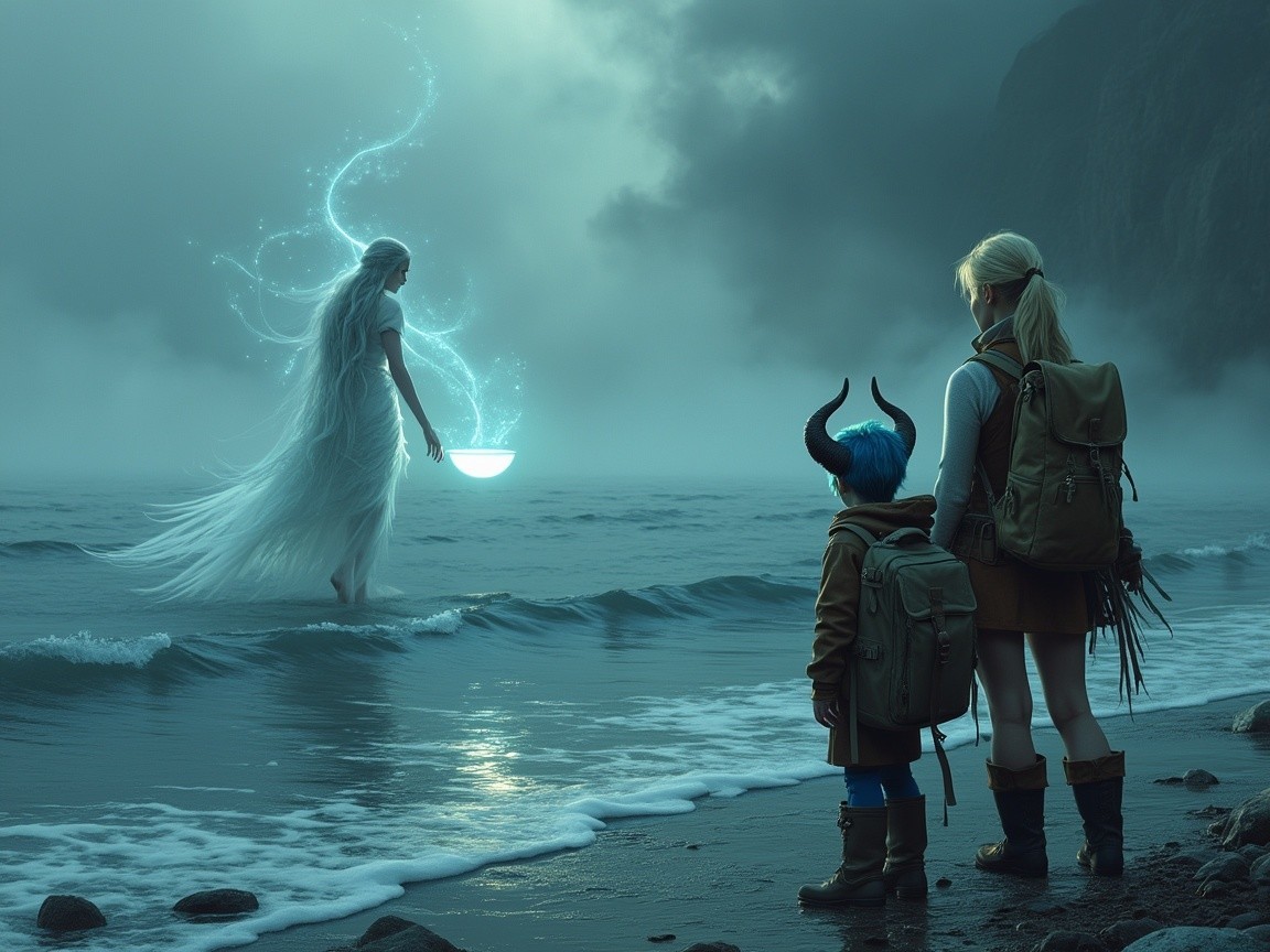 Ghostly Figure and Children by Foggy Ocean Shore