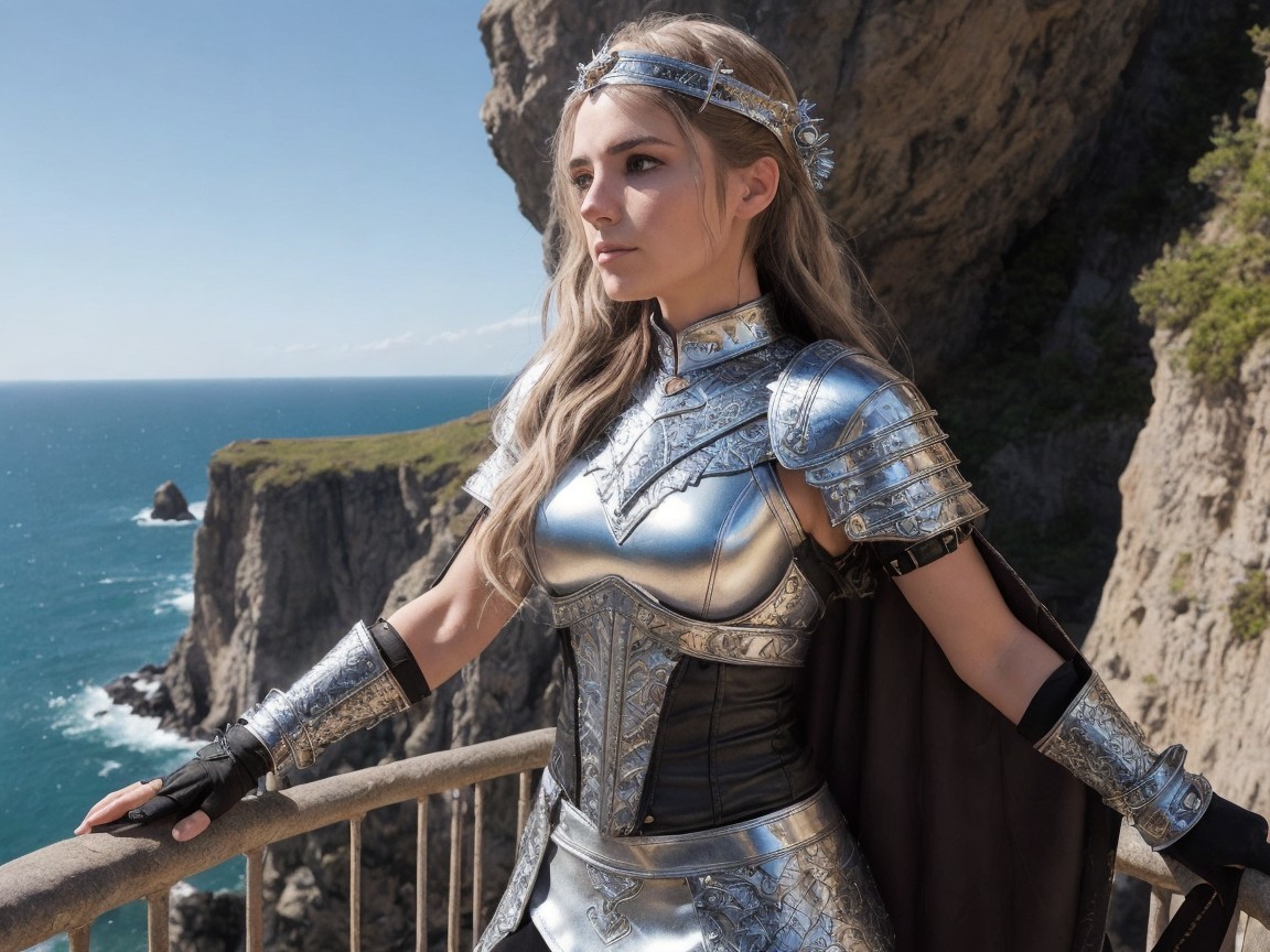 Figure in Silver Armor Overlooking Ocean Cliffs