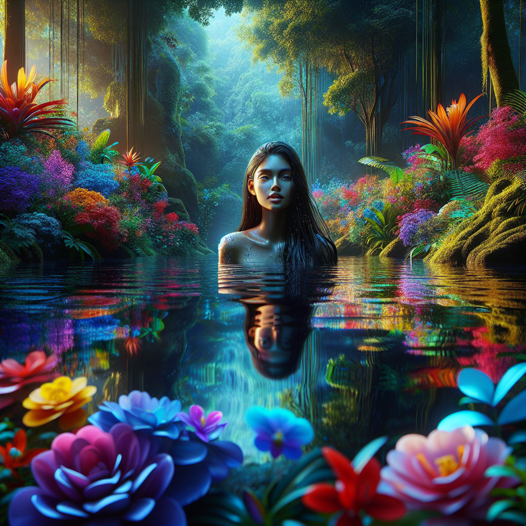 Young woman in vibrant jungle by reflective pool
