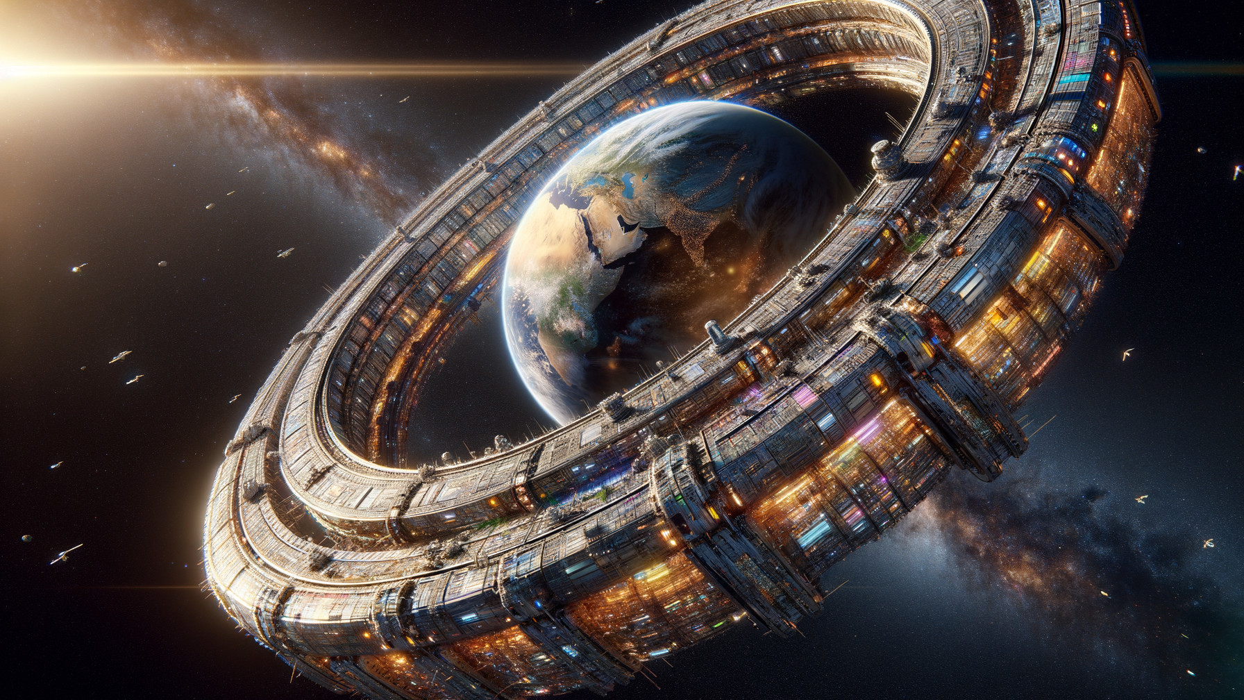 Futuristic Space Station Orbiting Earth with Stars