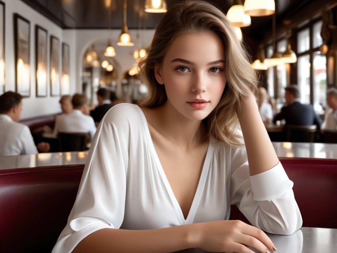 Young Woman in Stylish Café with Elegant Decor