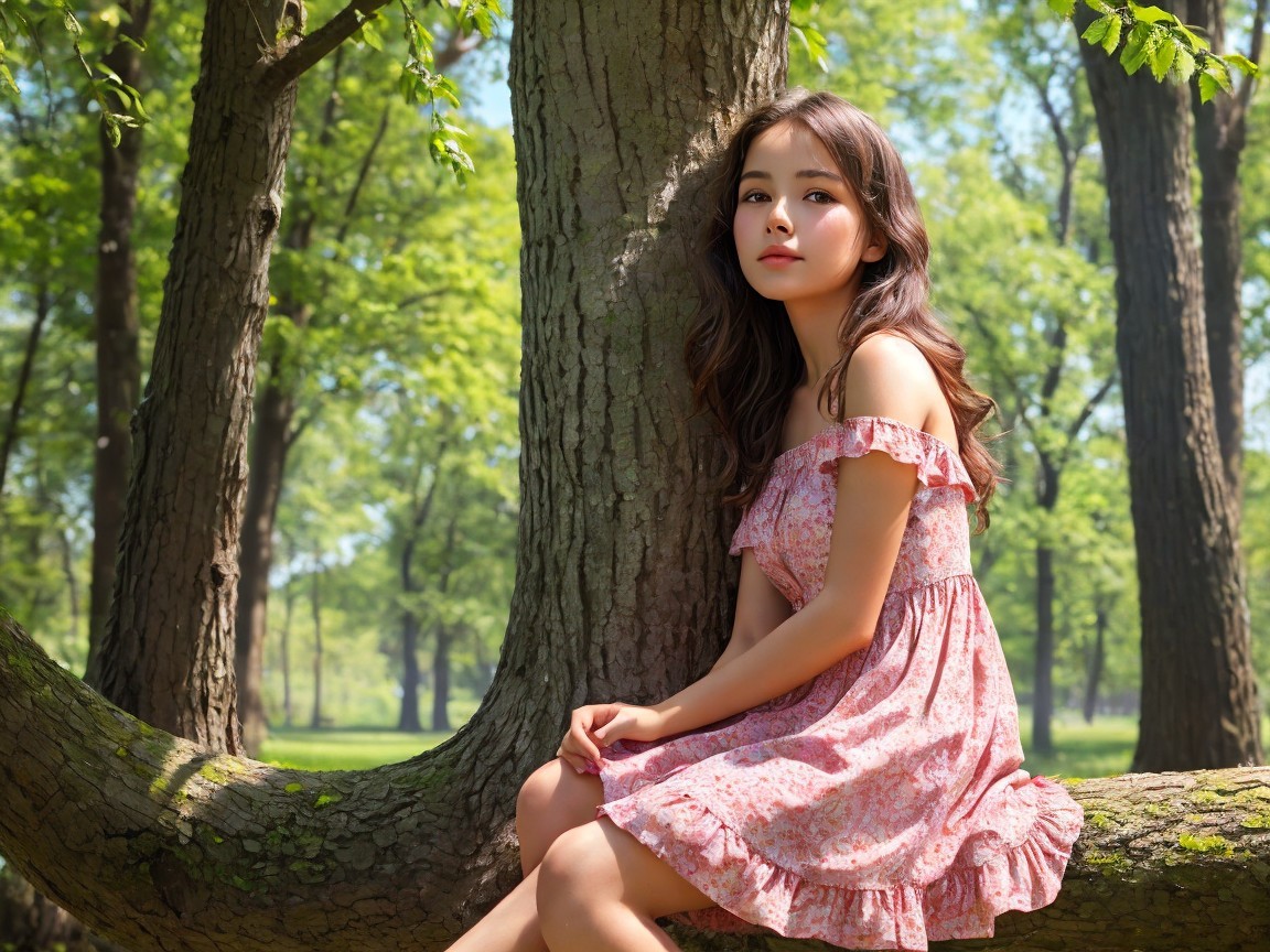 Young woman in floral dress on tree branch in park