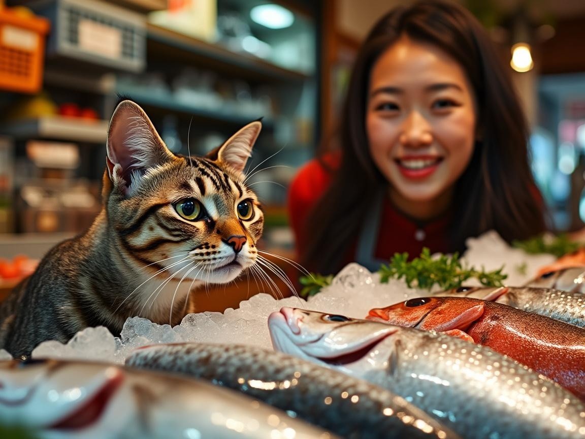 Cat Observing Fresh Fish in a Vibrant Market Scene