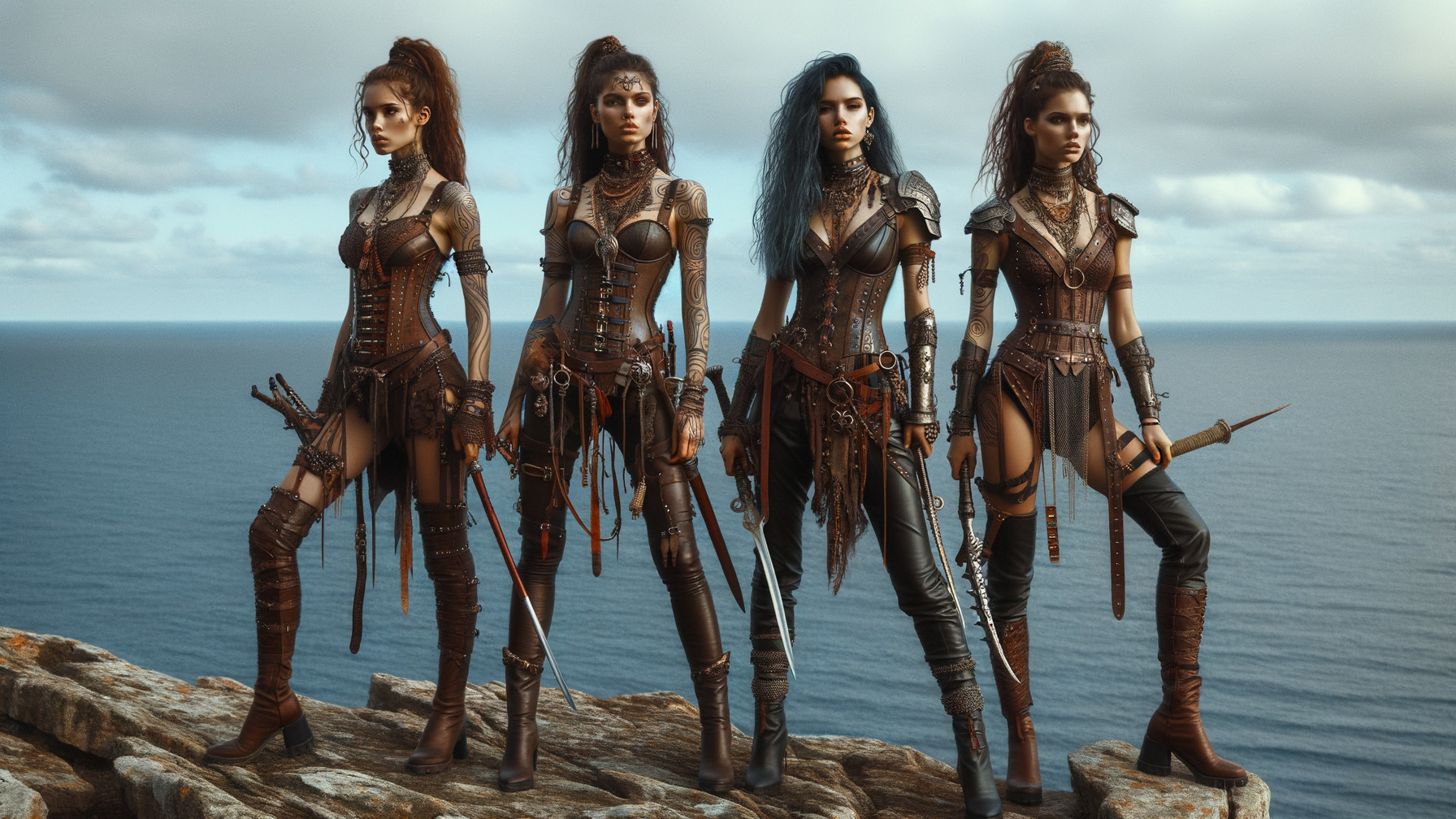 Warriors in Leather Armor on Cliff Overlooking Ocean