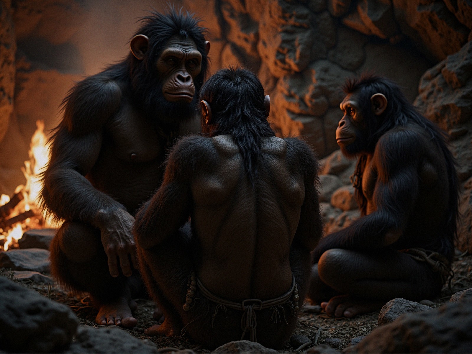 Humanoid Figures with Ape-Like Features in Cave Setting