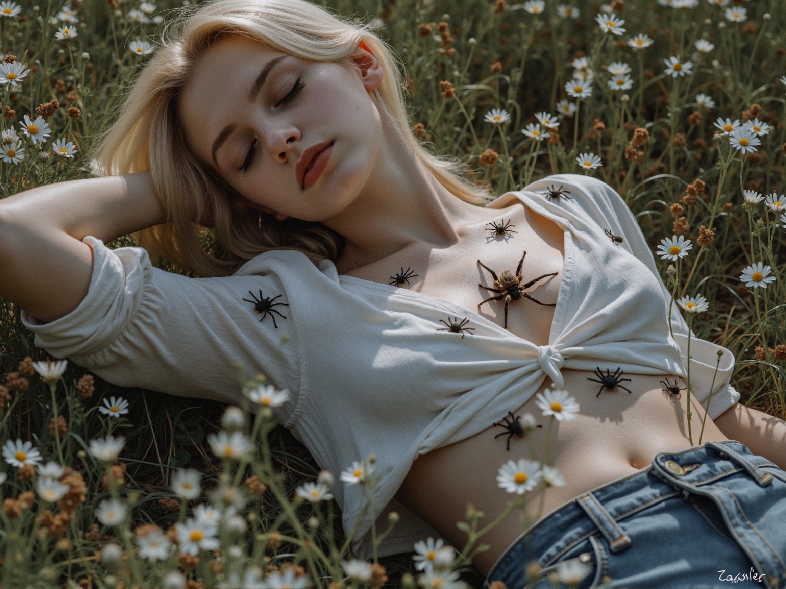 Young Woman in Meadow Surrounded by Spiders