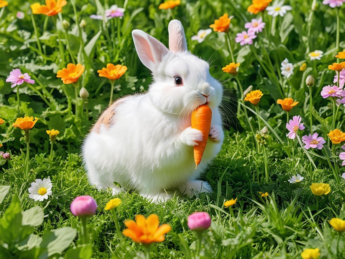 White Rabbit with Carrot in Colorful Flower Garden