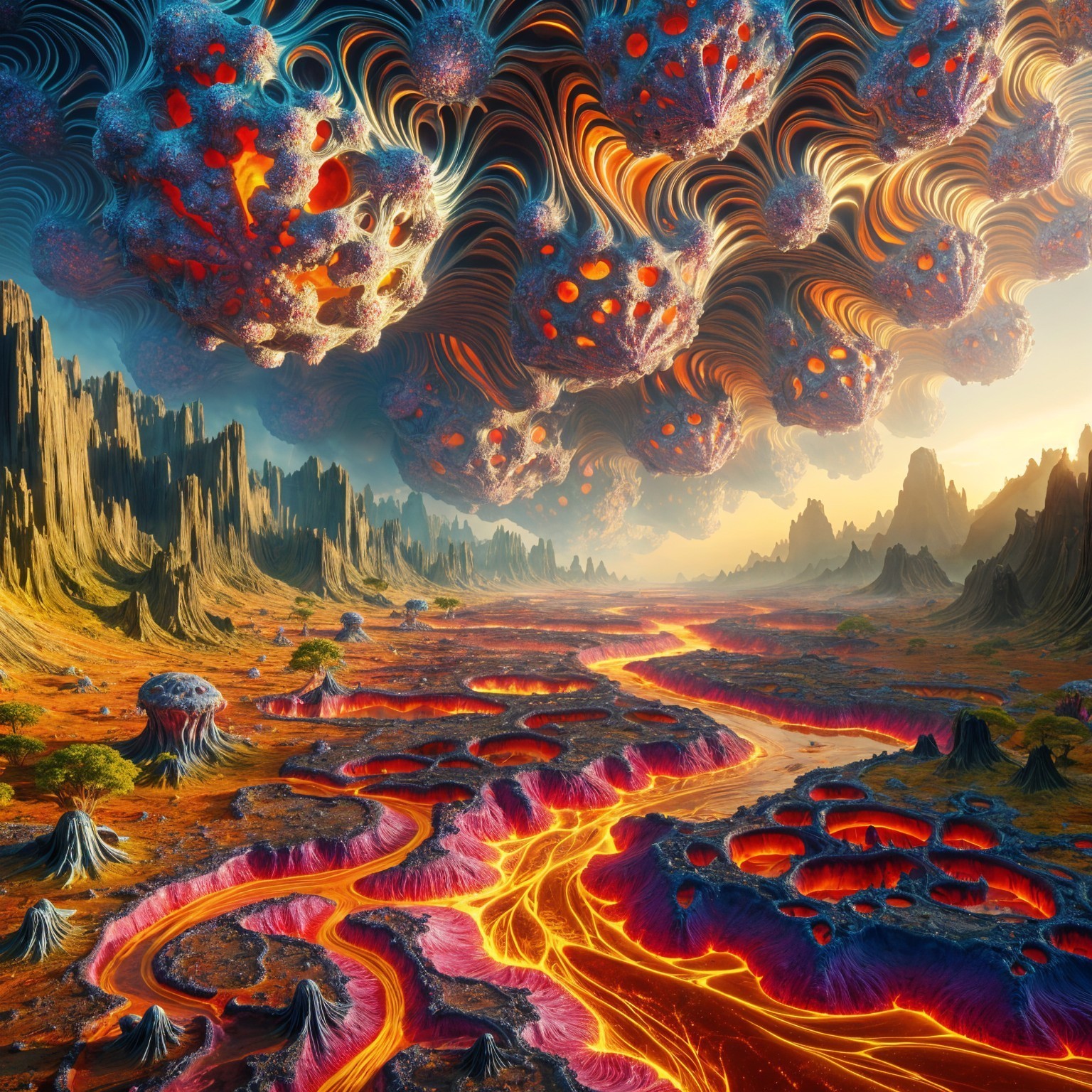 Surreal Landscape with Lava Rivers and Colorful Skies