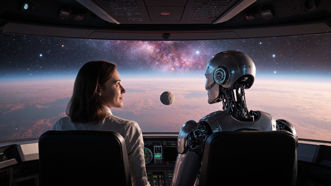 Futuristic Cockpit with Woman and Humanoid Robot