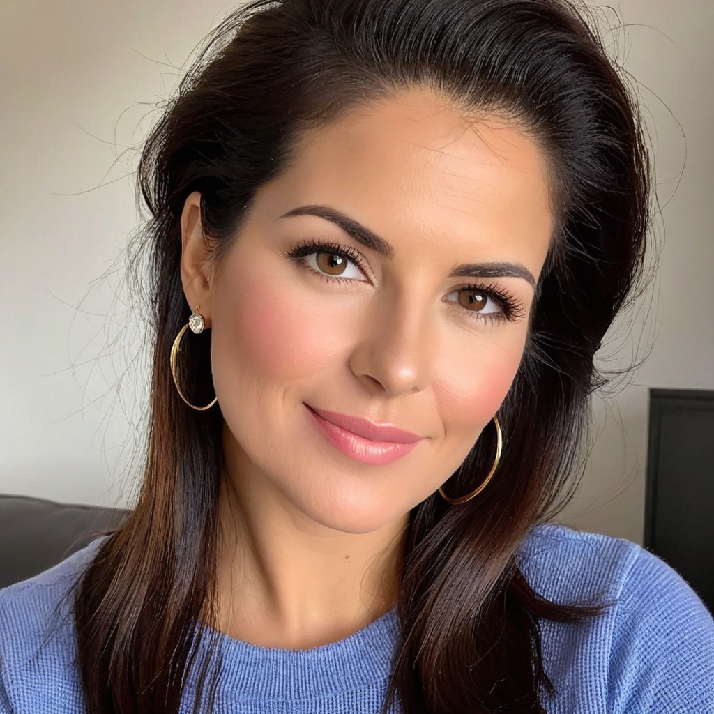 Portrait of a woman with brown hair and cozy attire