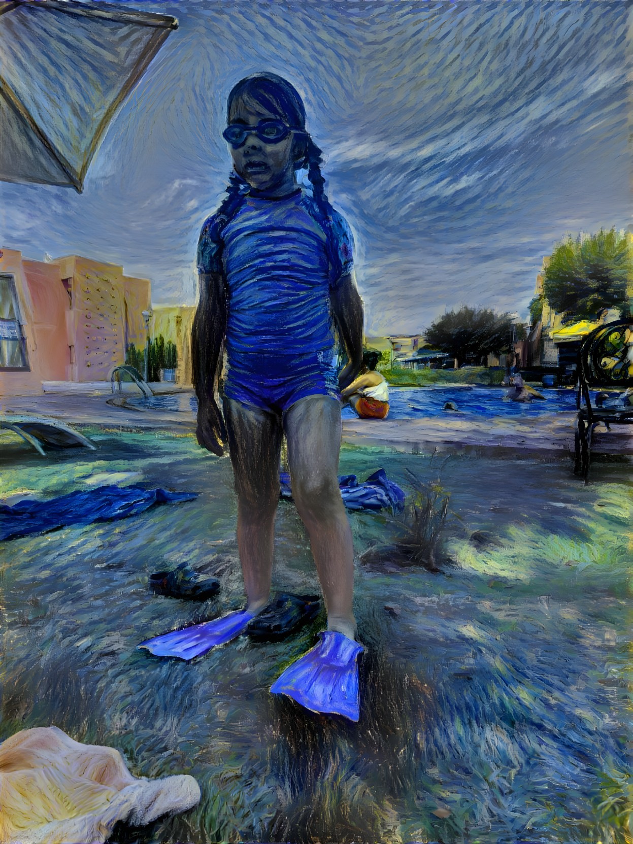 Young girl in blue swimsuit by a poolside scene