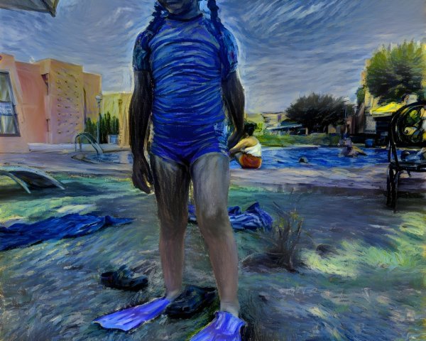 Young girl in blue swimsuit by a poolside scene
