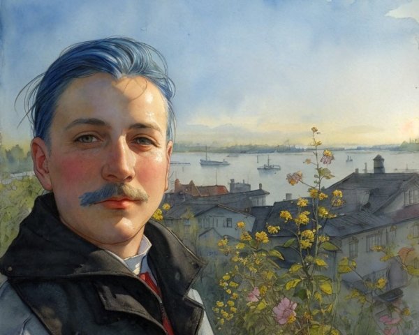 Young man with blue hair in a scenic landscape setting