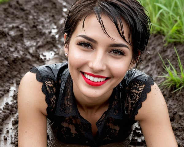 Young woman in black lace top lying in muddy field