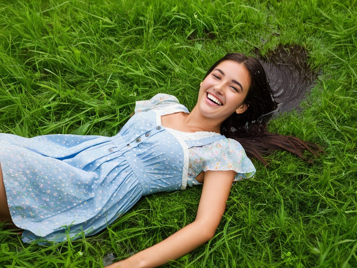 Young woman in blue dress enjoying nature outdoors
