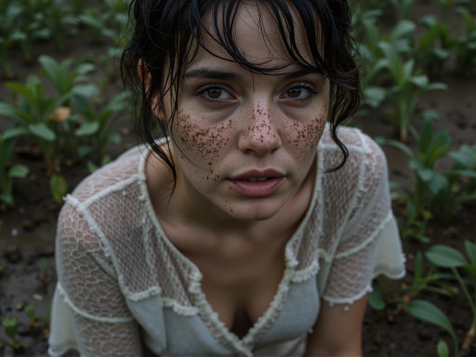 Close-up of a woman with freckles and lace details