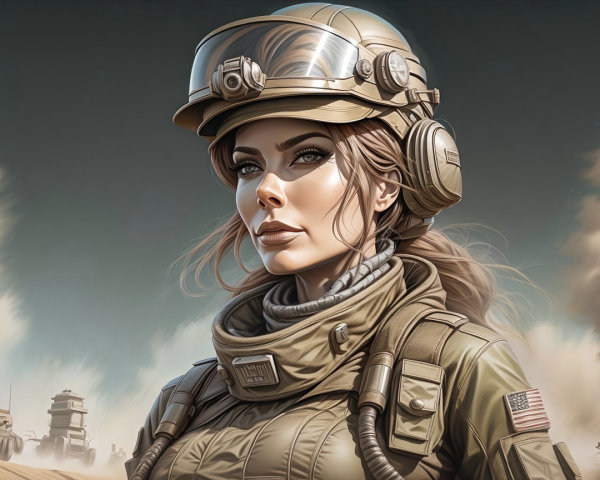 Confident Female Soldier in Futuristic Desert Setting