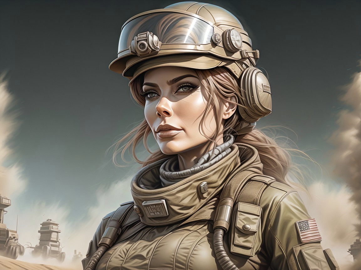 Confident Female Soldier in Futuristic Desert Setting