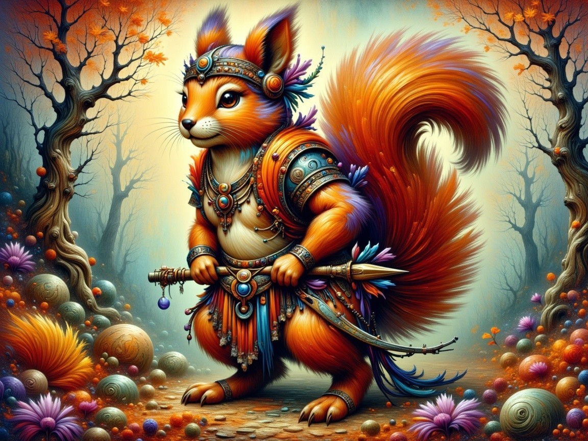 Anthropomorphic squirrel in ornate armor in a forest