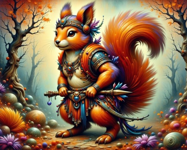 Anthropomorphic squirrel in ornate armor in a forest