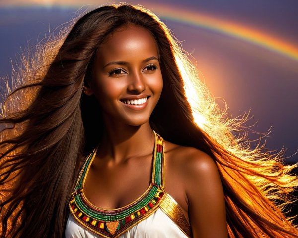 Young Woman with Sunset and Rainbow Background