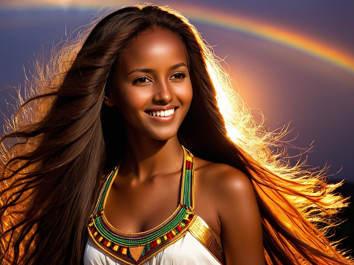 Young Woman with Sunset and Rainbow Background