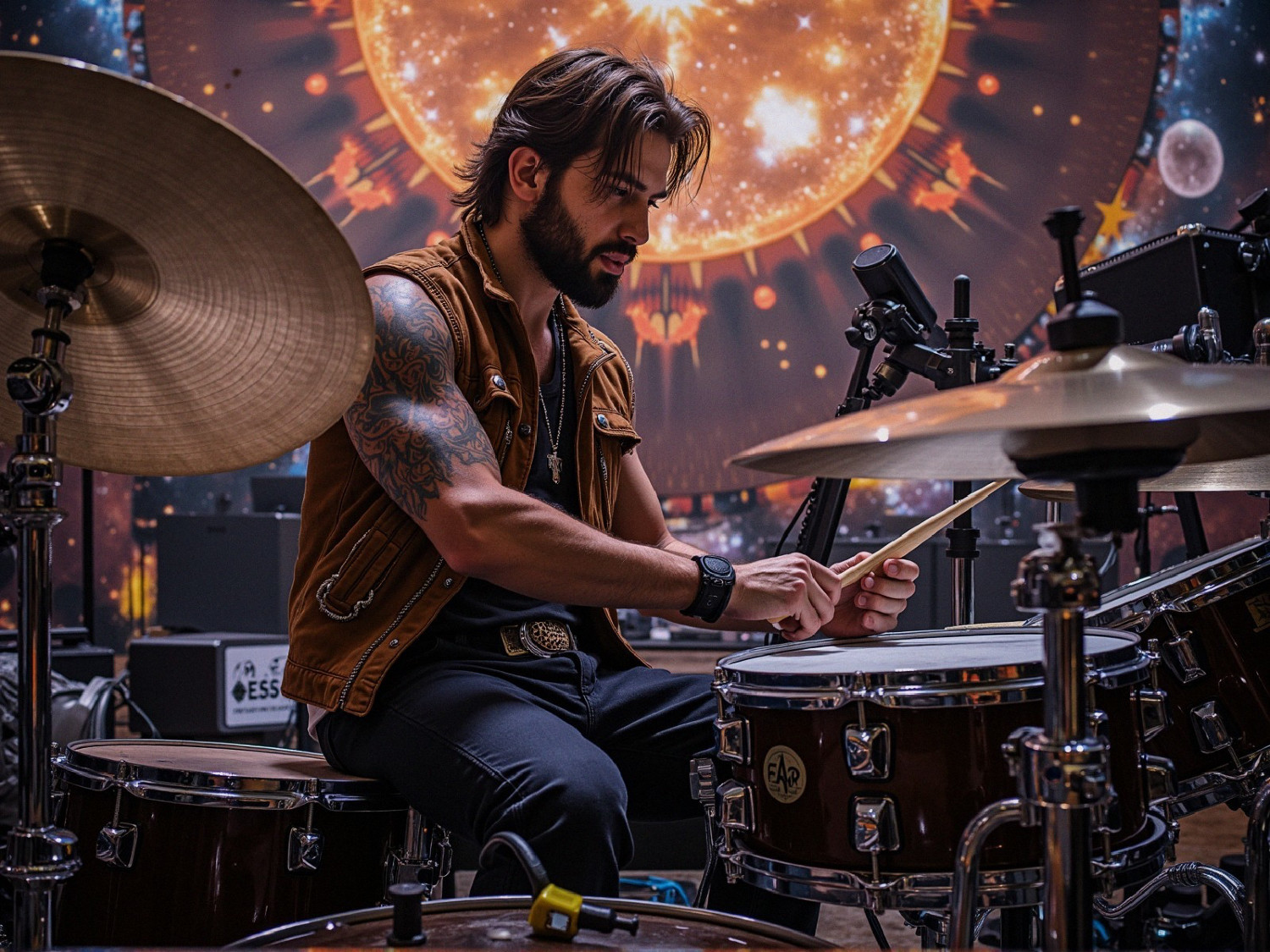 Drummer Performing Against Cosmic Backdrop Design