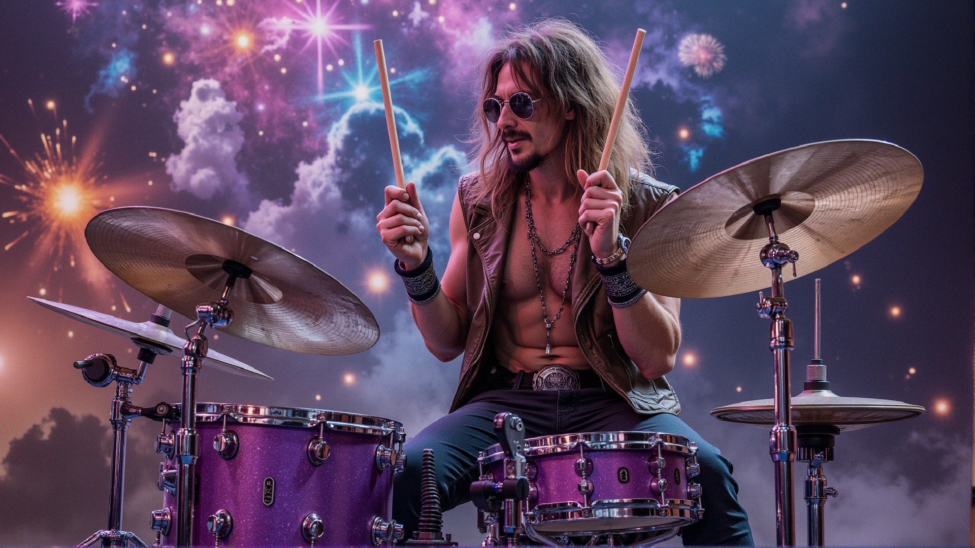 Rock Drummer with Purple Kit and Fireworks Display