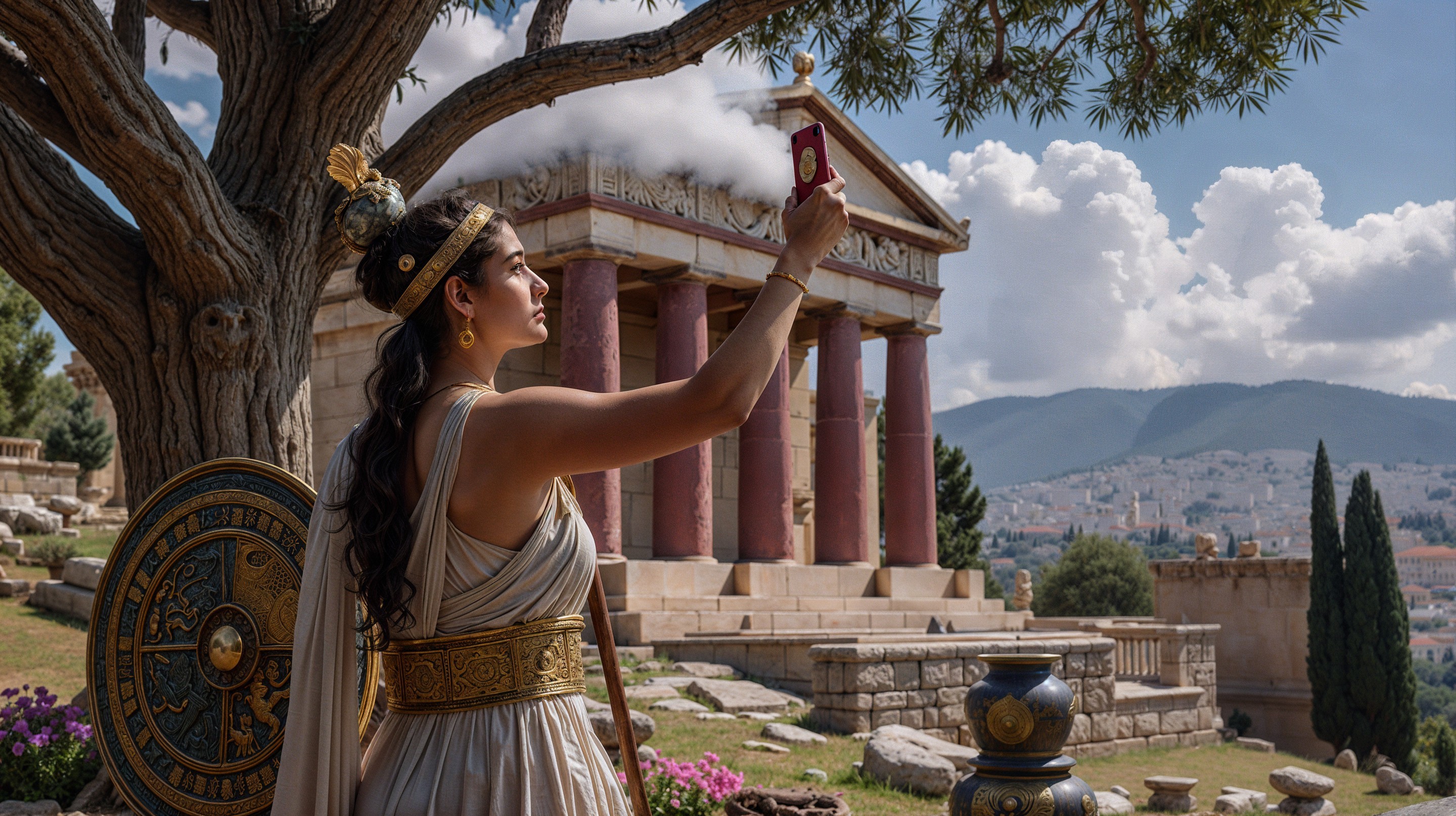 Woman in Ancient Greek Attire by Majestic Temple
