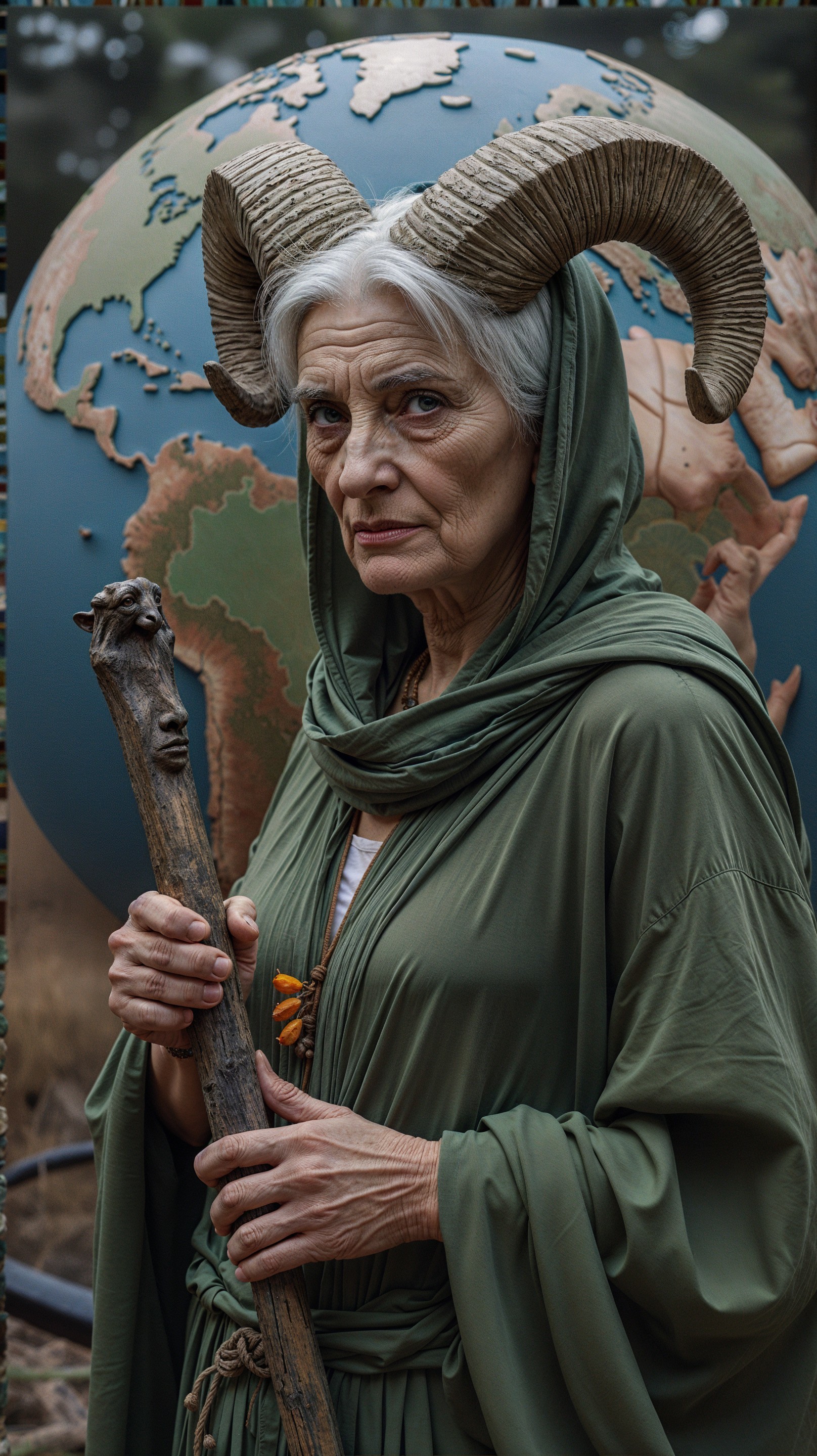 Elderly Woman with White Hair and Horns in Green Robe