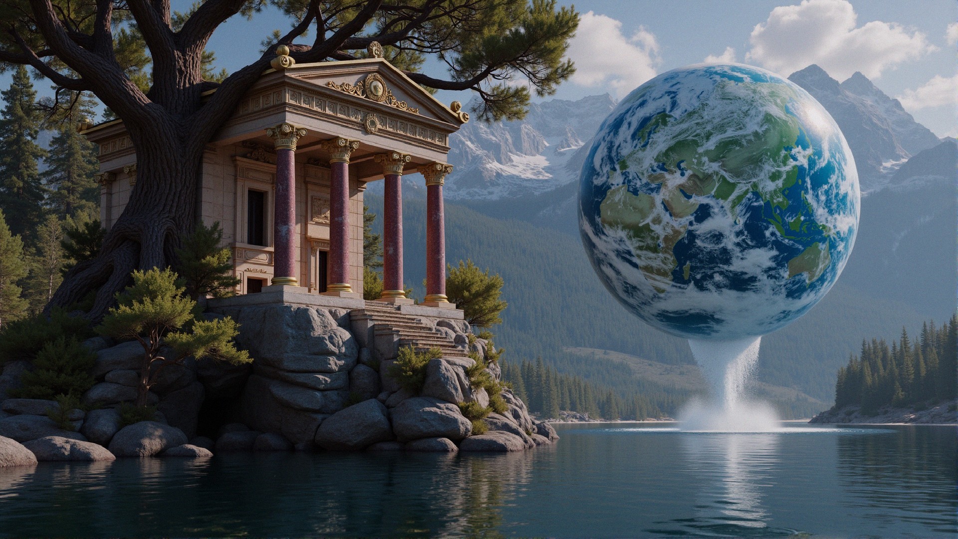 Ancient Temple Surrounded by Water and Mountains