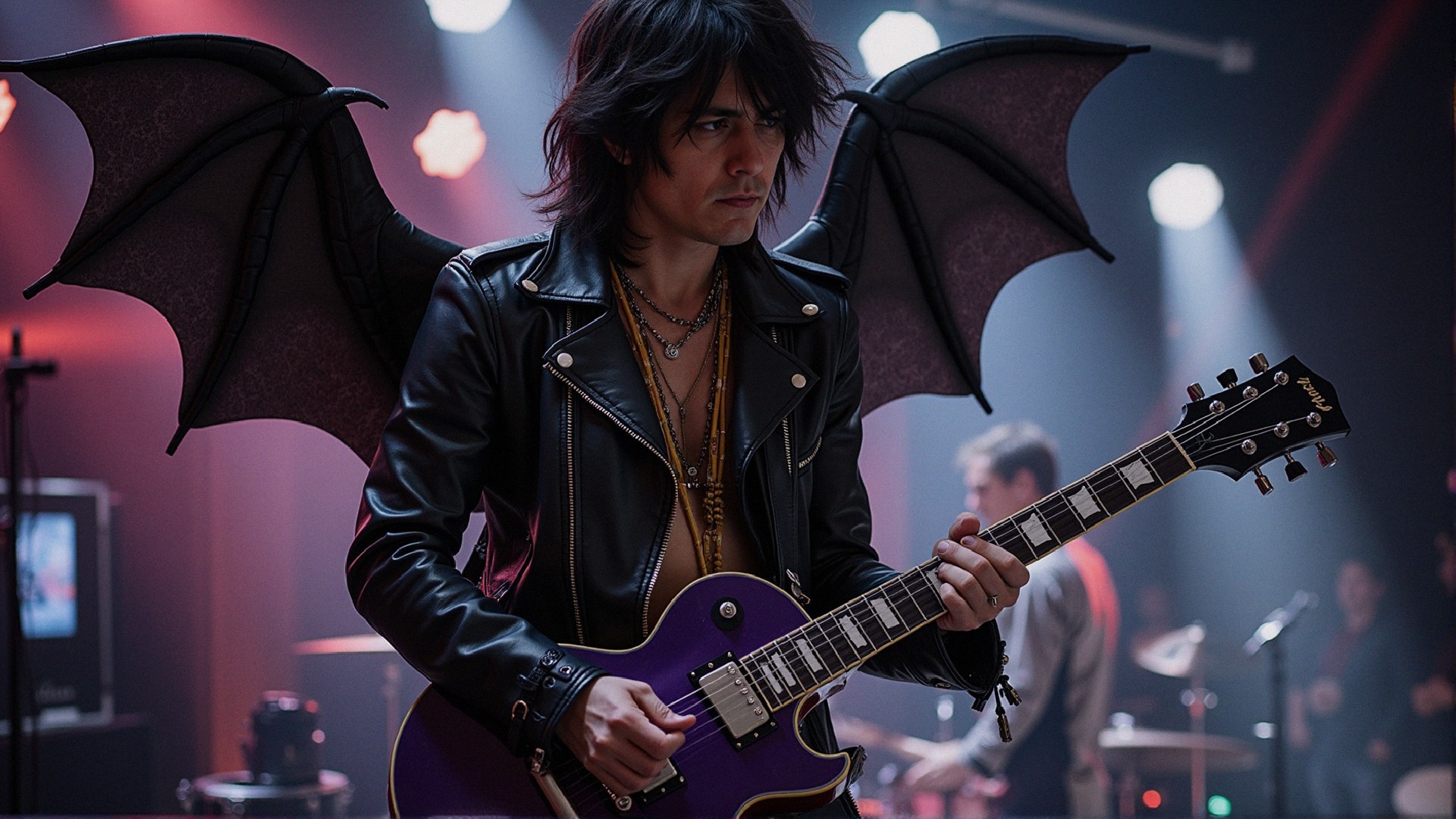 Musician with Purple Guitar and Bat Wings on Stage