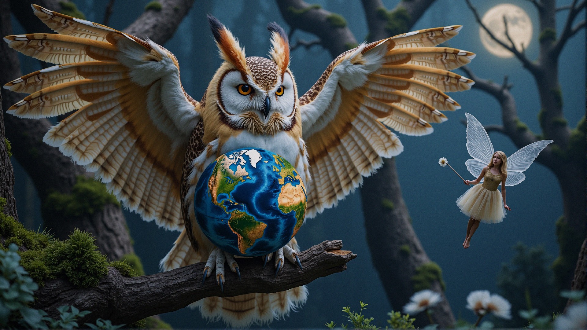 Majestic Owl and Fairy in a Moonlit Forest Scene