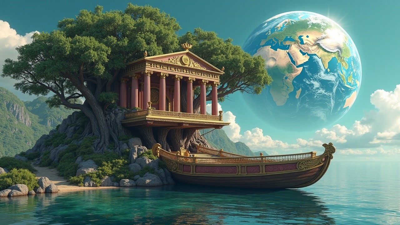 Temple on Tree Surrounded by Nature and Calm Waters